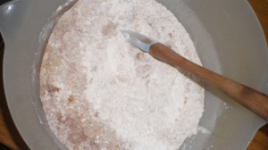 Flour, bicarbonate soda, salt, cocoa powder and some finely chopped white chocolate